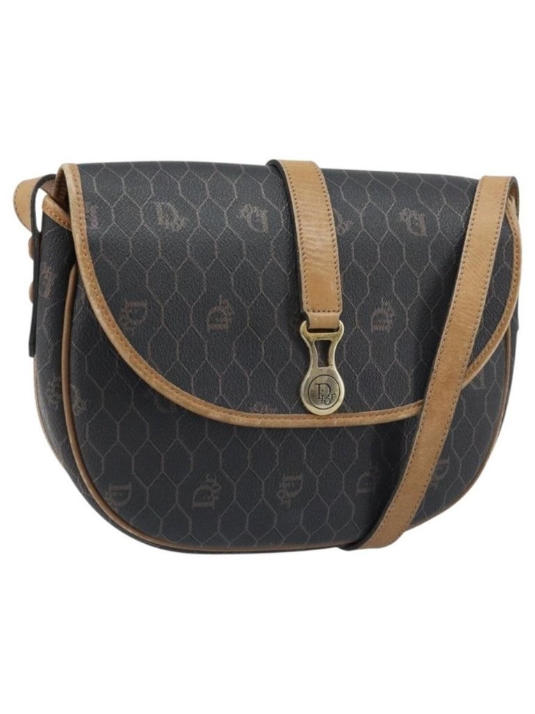 Authentic Christian Dior Honeycomb Canvas Shoulder Bag Pvc Leather Black Gold